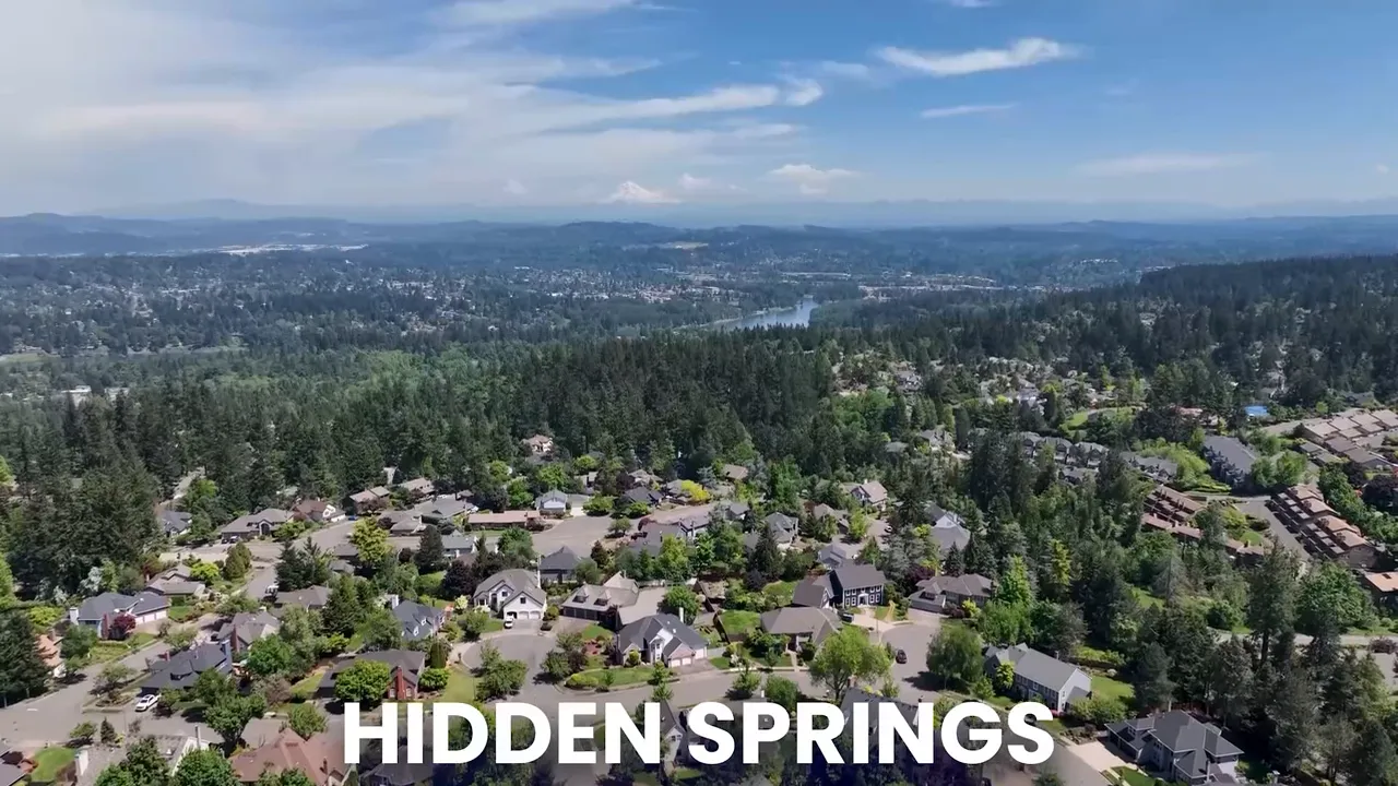 Aerial view labeled Hidden Springs above a West Linn neighborhood