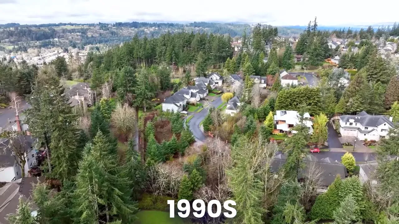 Aerial view of tree-filled West Linn neighborhood homes