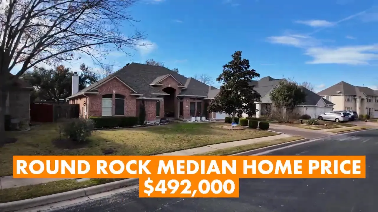On-screen graphic reading Round Rock median home price $492,000