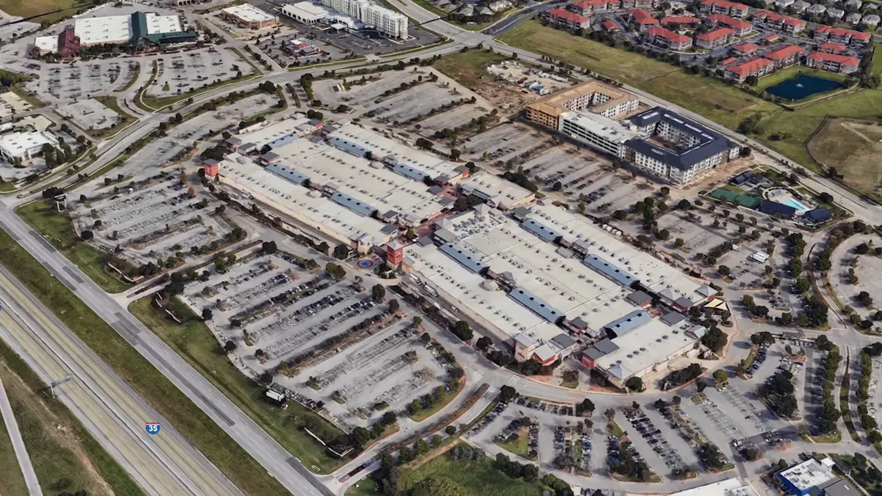 Wide aerial view of retail shopping hub in Round Rock Texas