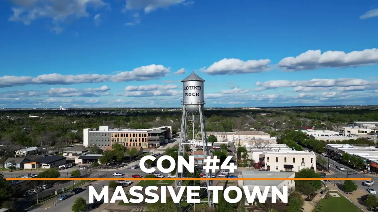 Aerial view of downtown Round Rock Texas with the Round Rock water tower and surrounding commercial neighborhoods