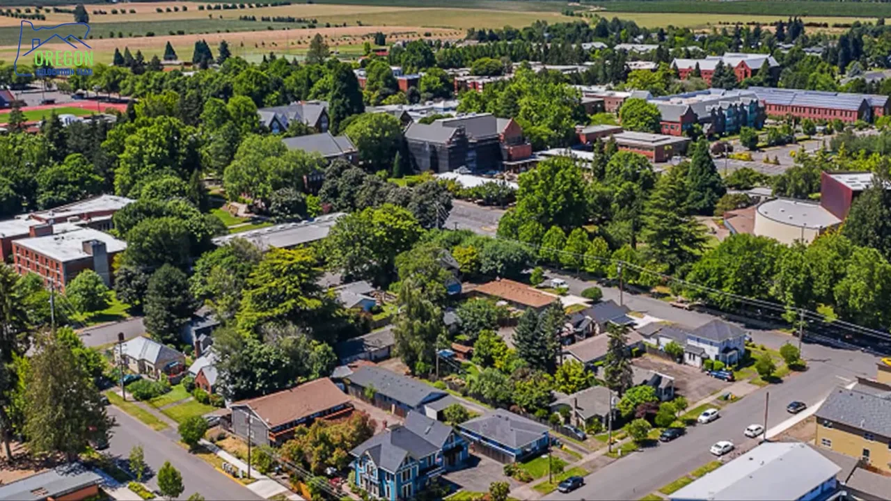 Aerial view of Monmouth, Oregon showing campus and surrounding neighborhood blocks