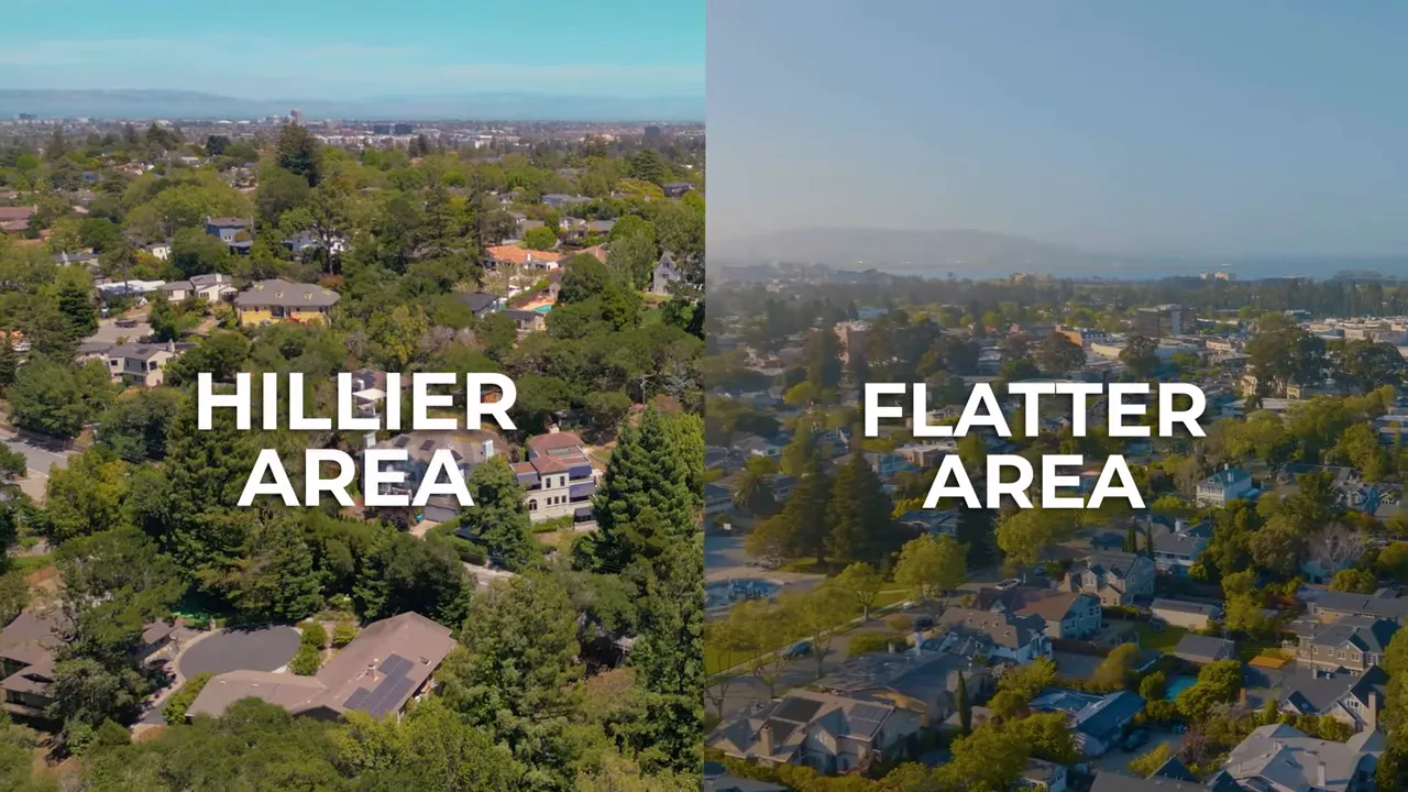 Split screen aerial graphic labeled hillier area and flatter area