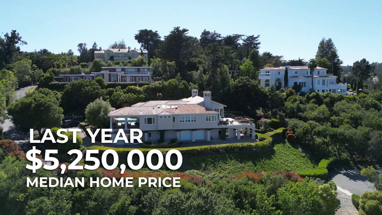 Hillside home with text showing last year median home price 5250000