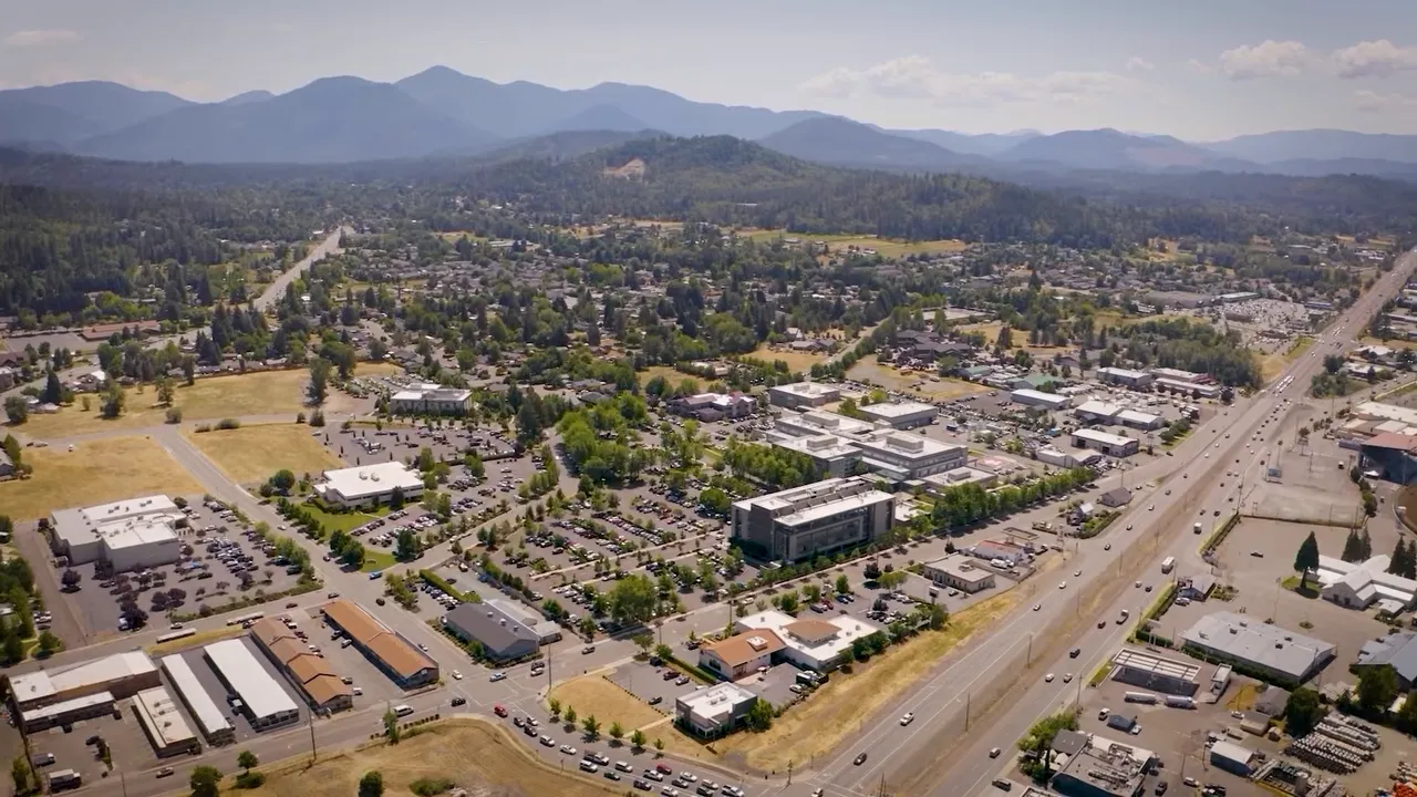 Aerial view of Southern Oregon neighborhood and busy road