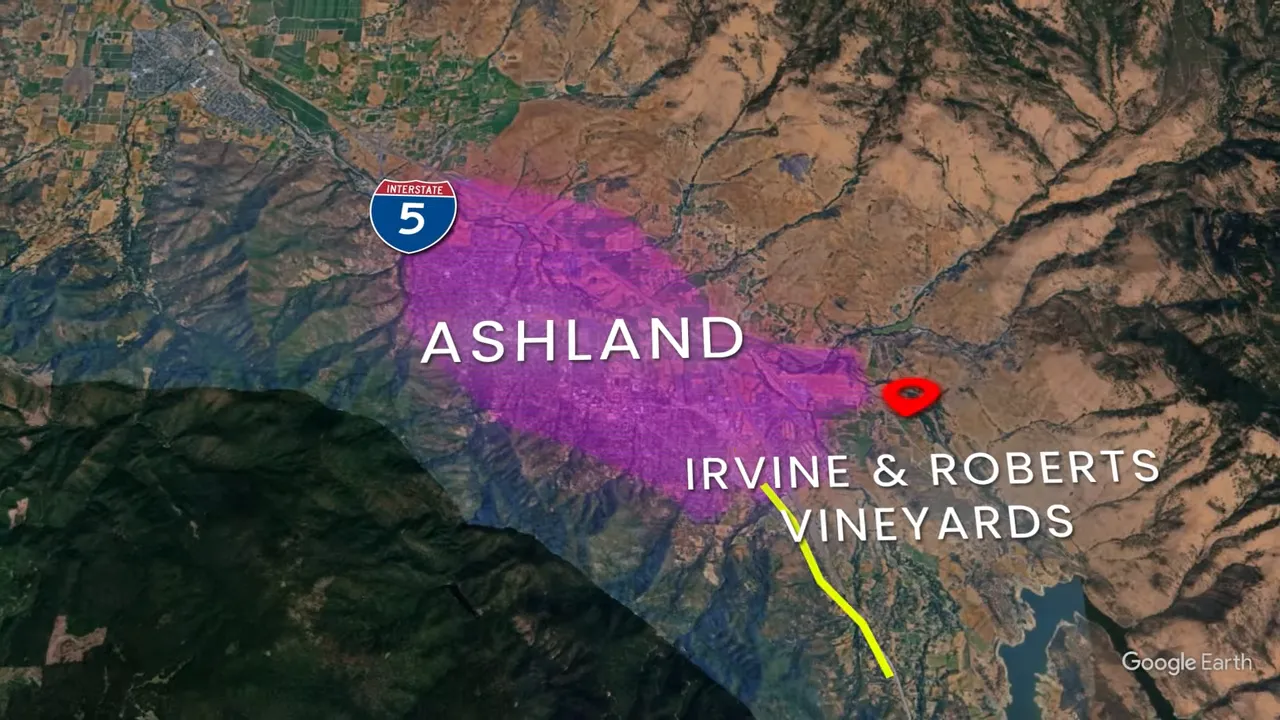 Map showing Ashland and Irvine and Roberts Vineyards location