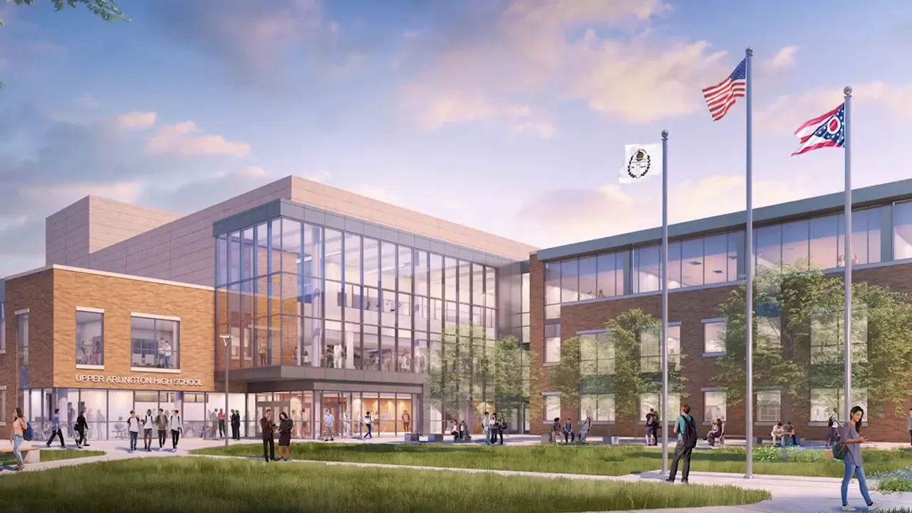 Rendering of a modern school building with flags and pedestrians