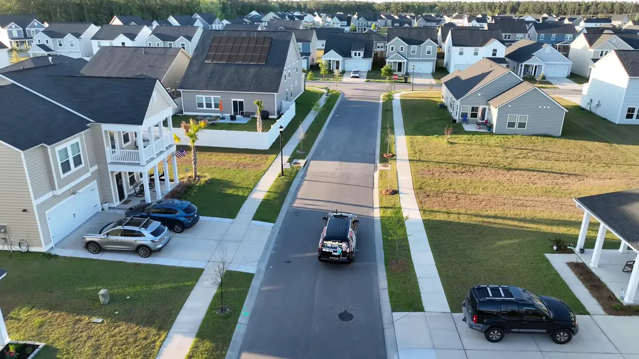 Aerial view of modern homes and streets in a Summerville South Carolina neighborhood