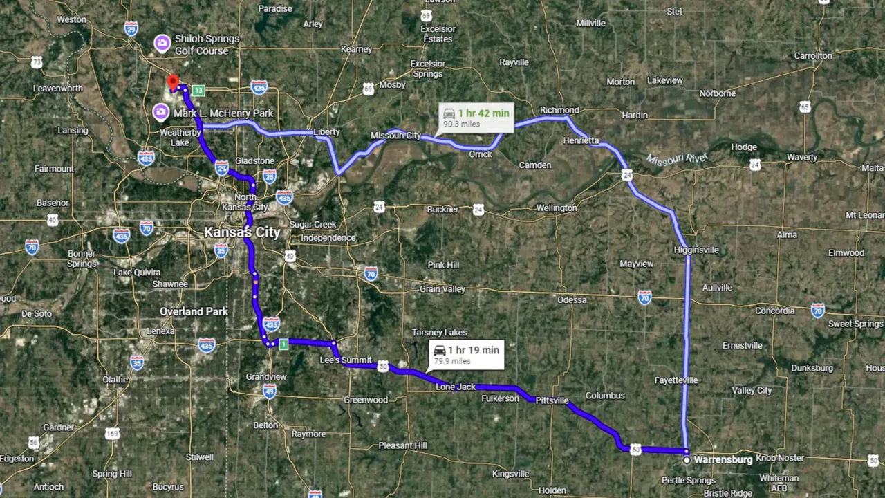 Map view showing driving routes and estimated times between Warrensburg and Kansas City with route highlighted