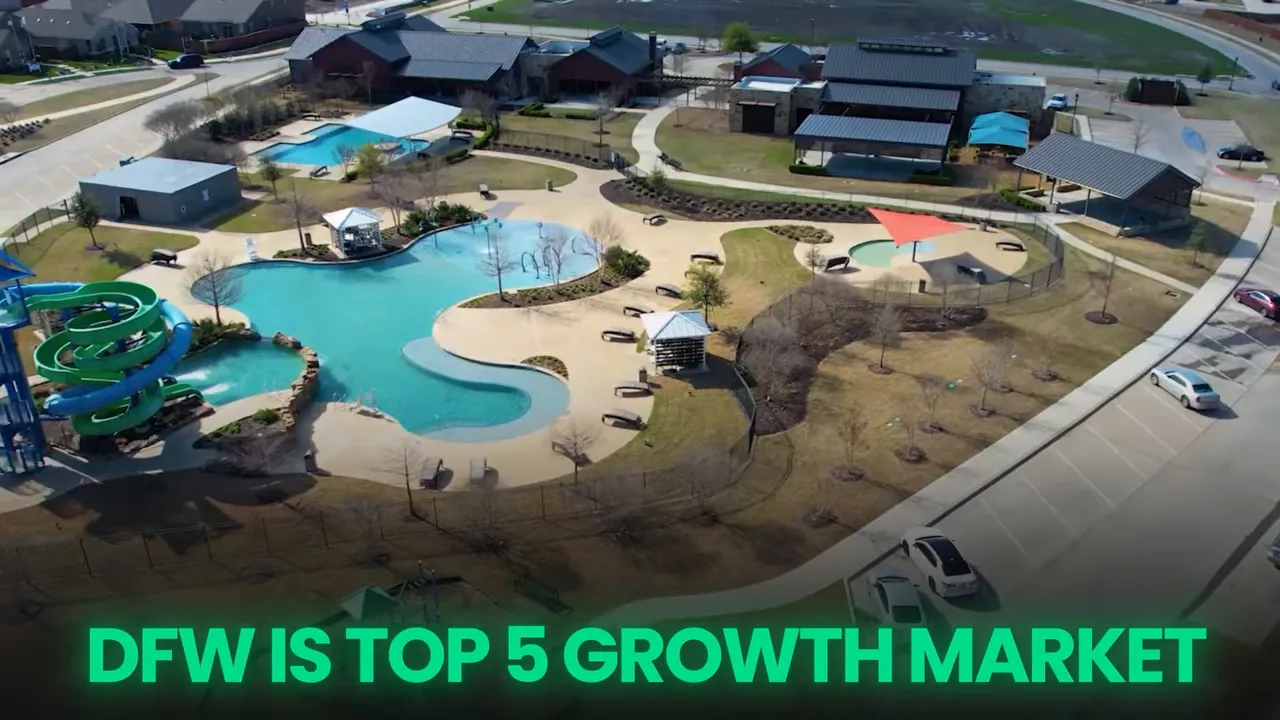 Aerial view of large master planned community with text saying DFW is top 5 growth market