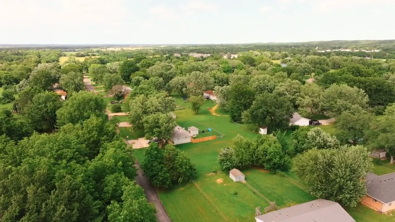 Aerial view of tree covered homes and large green yards
