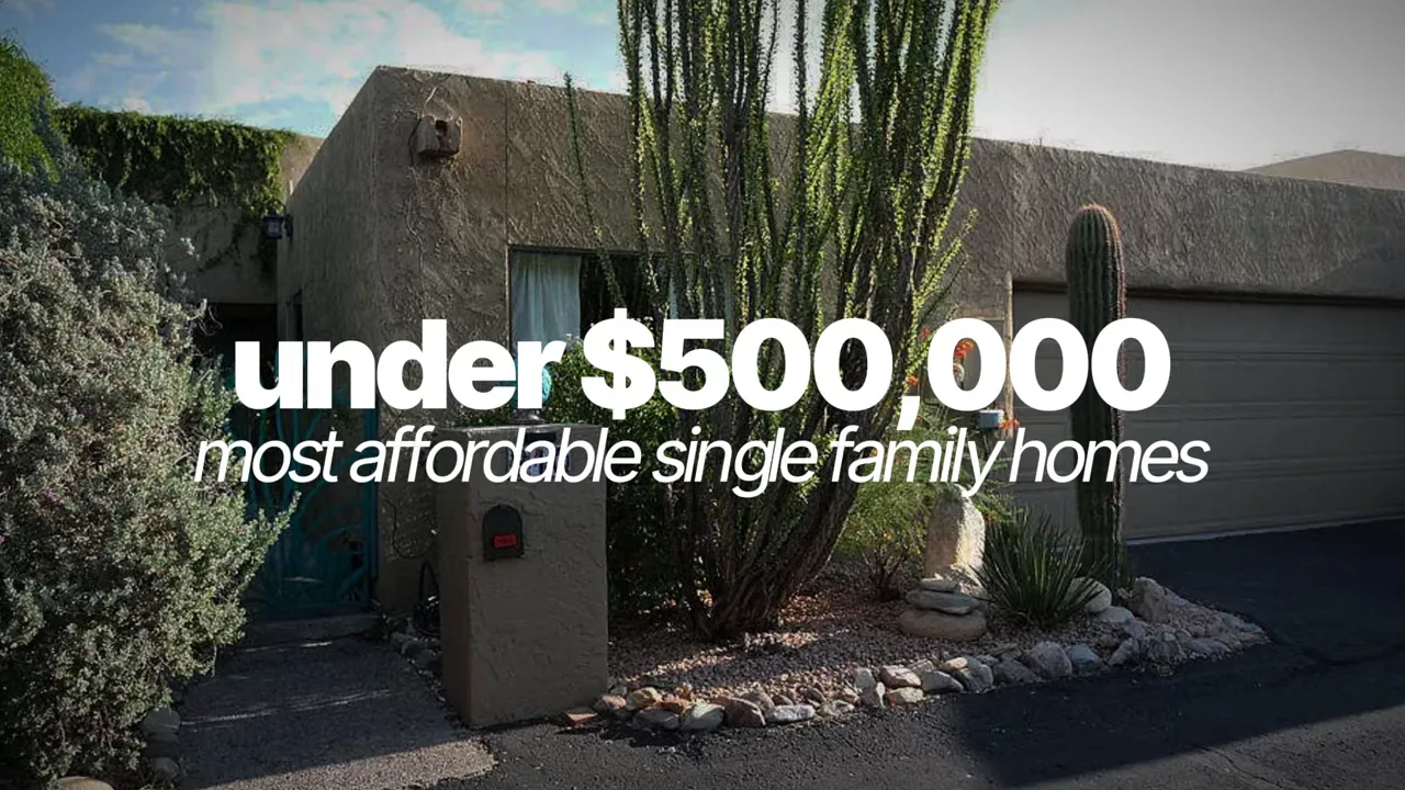 Text reading under 500000 over a Southwestern home with desert landscaping