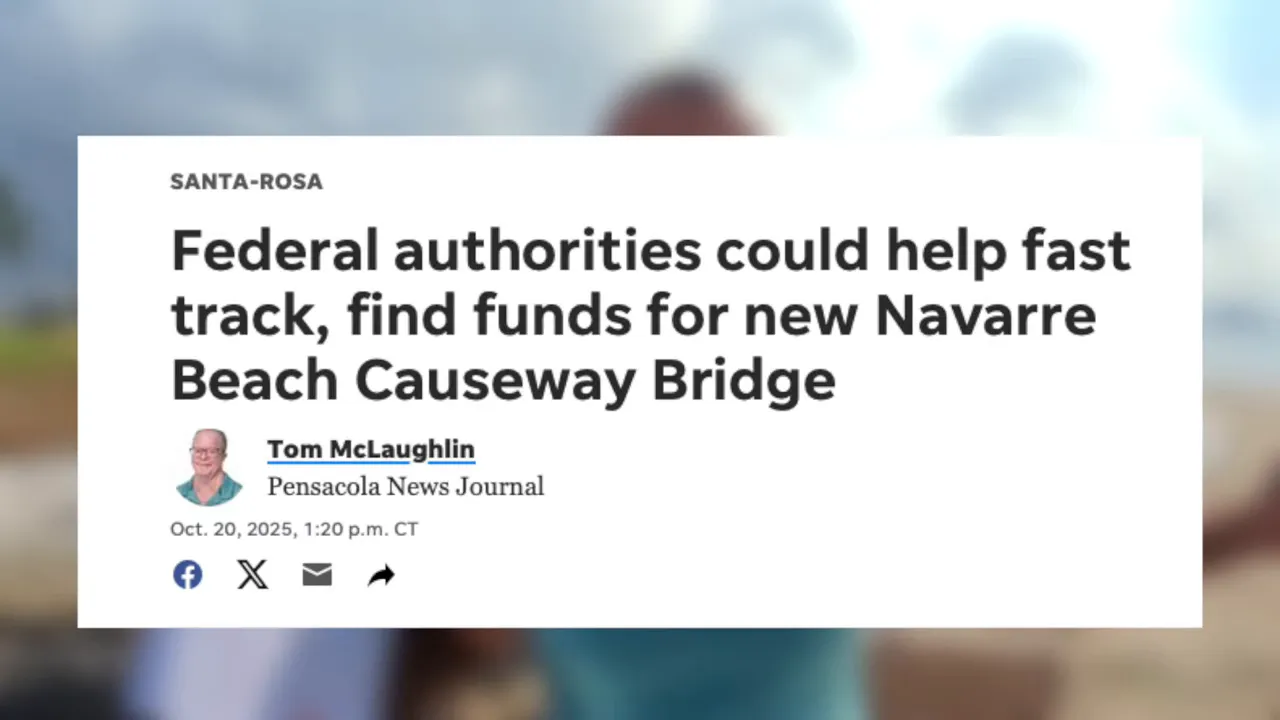 News headline about federal authorities helping find funds for the Navarre Beach Causeway Bridge