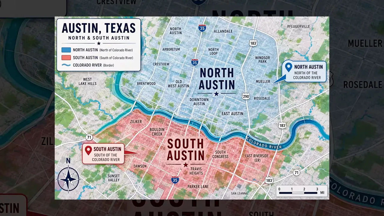Color coded map of north and south Austin