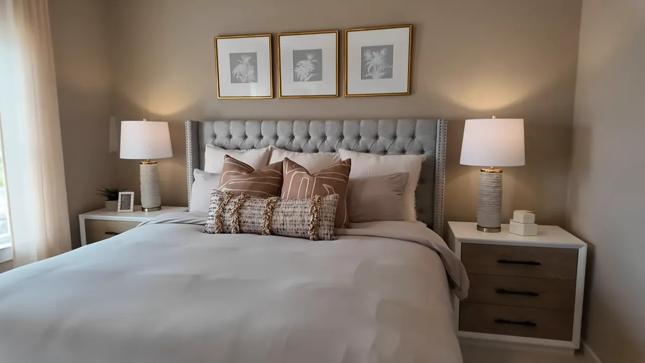 Staged third-floor bedroom in a townhome model with tufted headboard, bedside lamps, and neutral decor