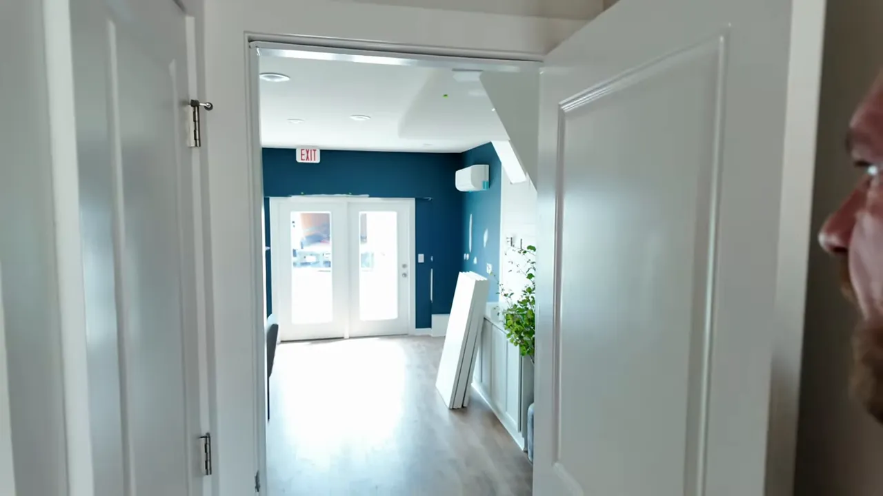 hallway view into bright living area with double doors and teal accent wall in a townhome
