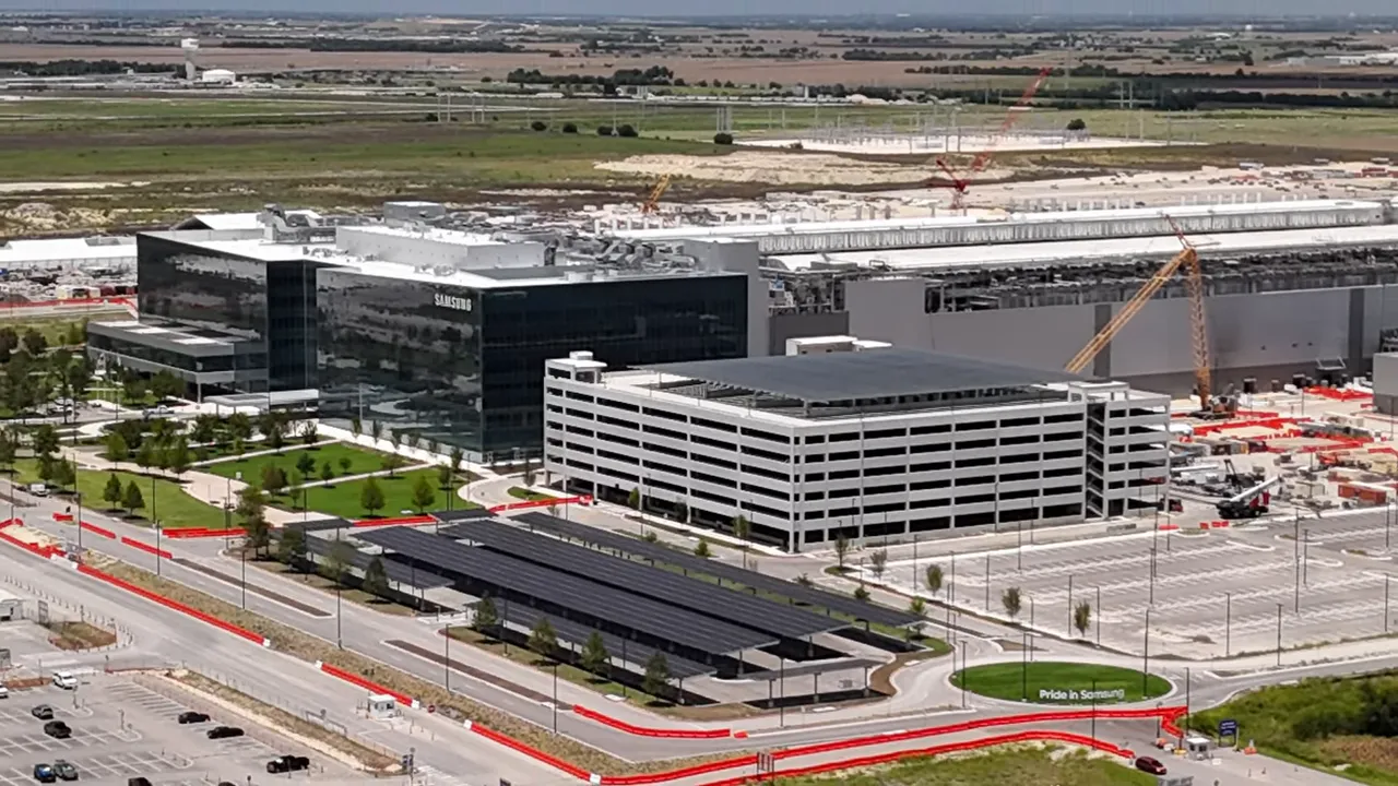 Aerial shot of the Samsung campus and surrounding parking and construction near Hutto, Texas
