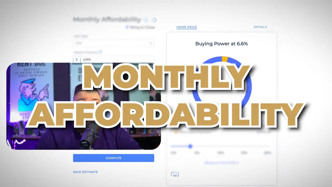 On-screen mortgage affordability graphic showing buying power and monthly payment estimate