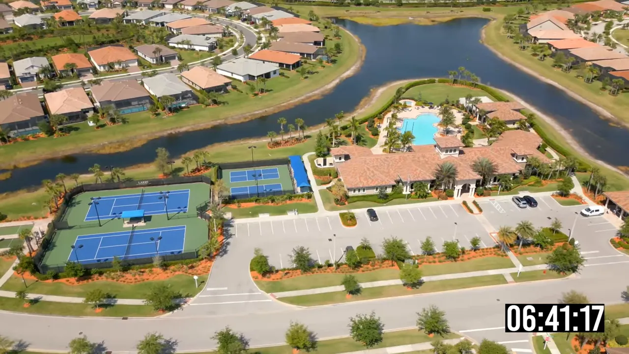 Aerial of Delray community clubhouse, pool and tennis courts