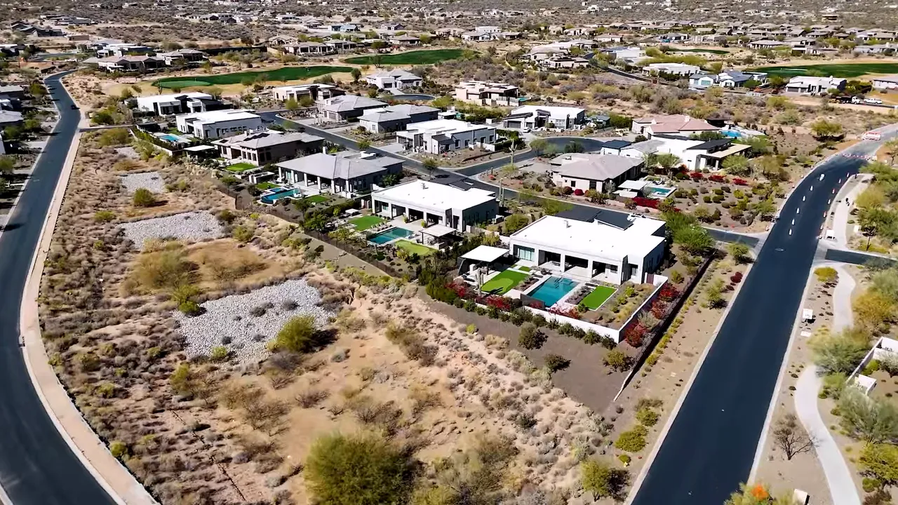 Aerial view of a modern home and neighborhood in the Phoenix area