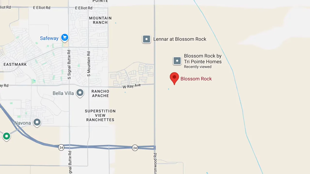 Map showing Blossom Rock pinned east of Queen Creek and near Apache Junction roads