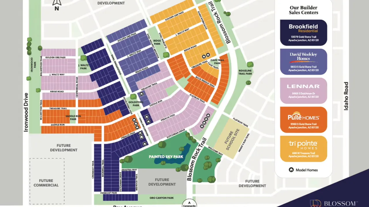 Color coded Blossom Rock site plan with builder sections amenities and future development areas