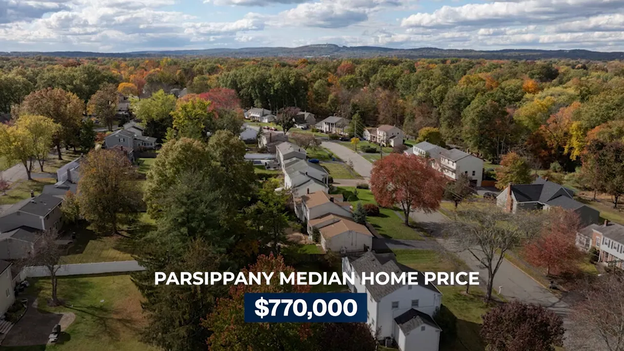 Aerial view of Parsippany with median home price text showing $770,000