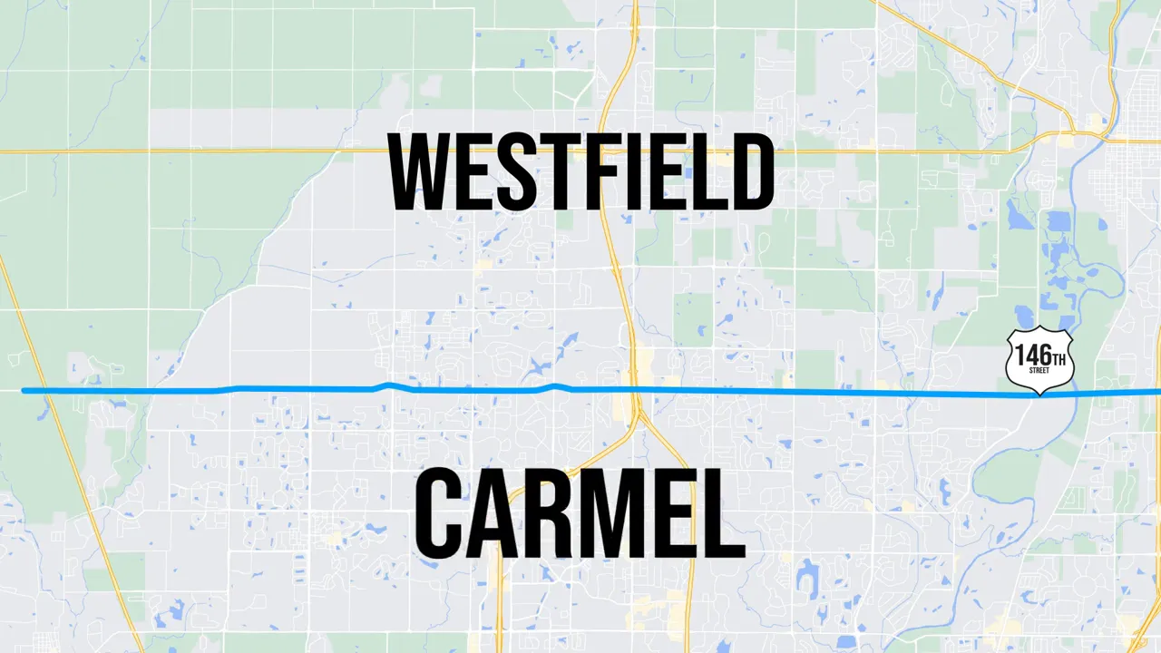 Map labeling Westfield north of 146th Street and Carmel south of 146th Street