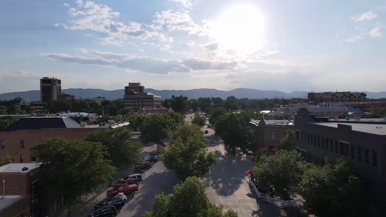 Aerial view of Northern Colorado downtown streets with buildings and trees