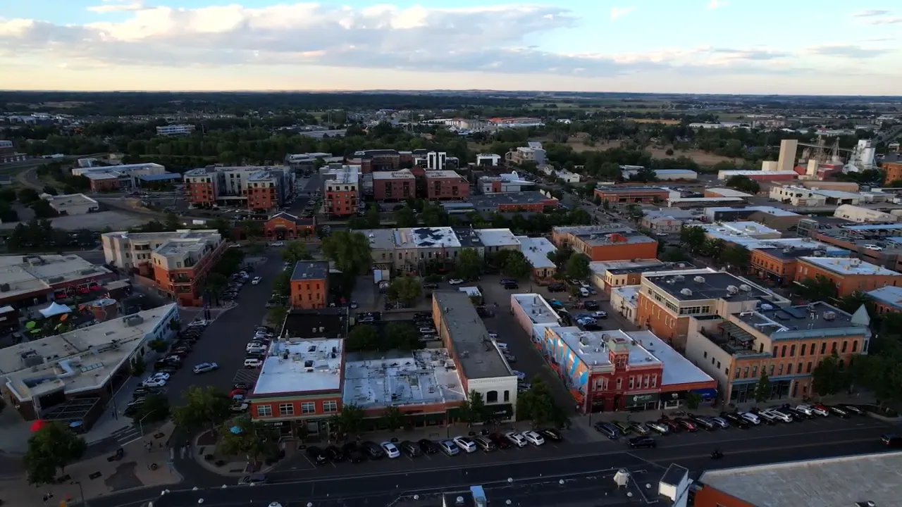 Aerial view of Northern Colorado city neighborhoods and commercial areas