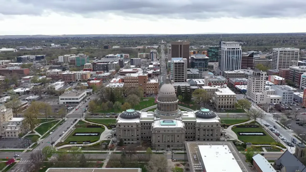 Aerial view of downtown Boise with the Idaho State Capitol building in the foreground