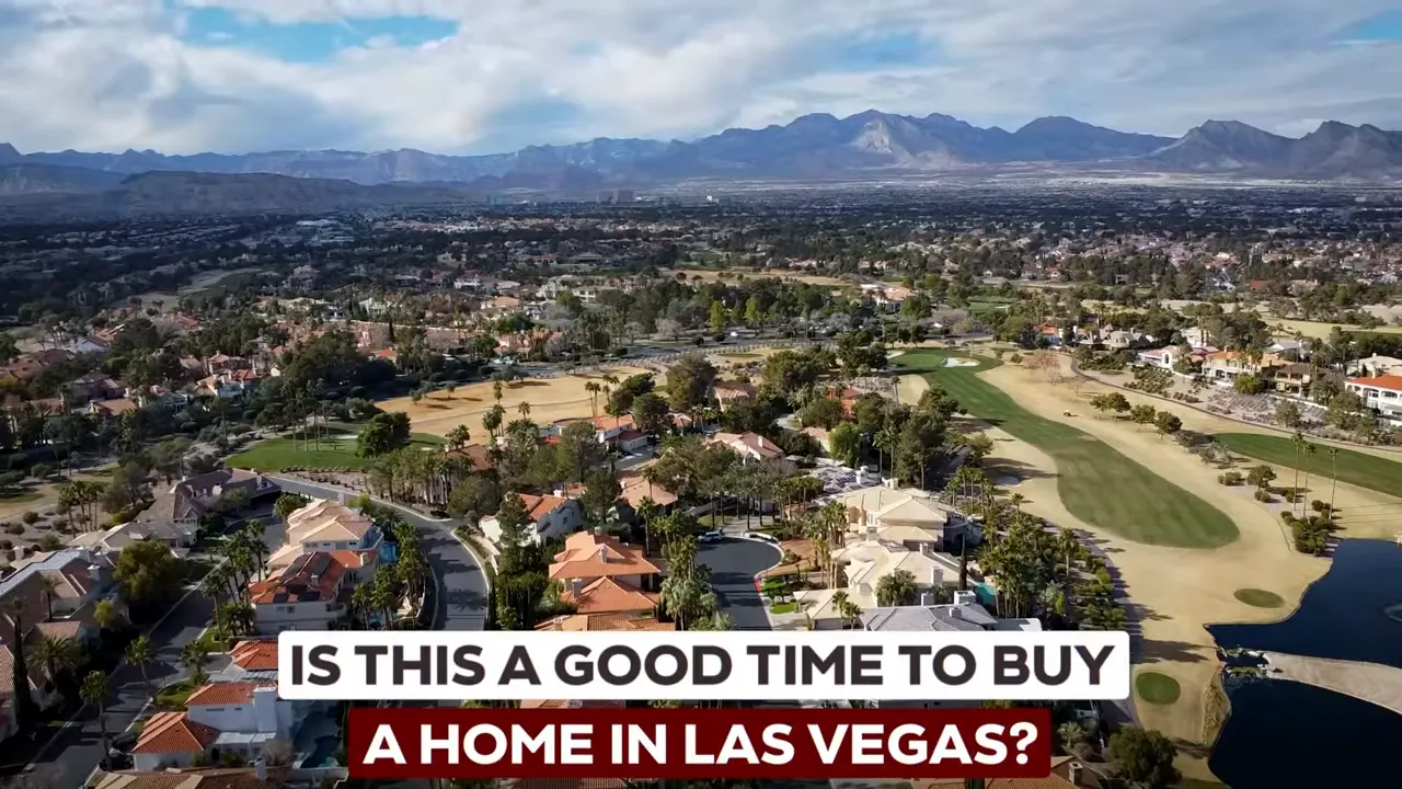 Aerial view of Las Vegas golf course homes with question asking if it is a good time to buy