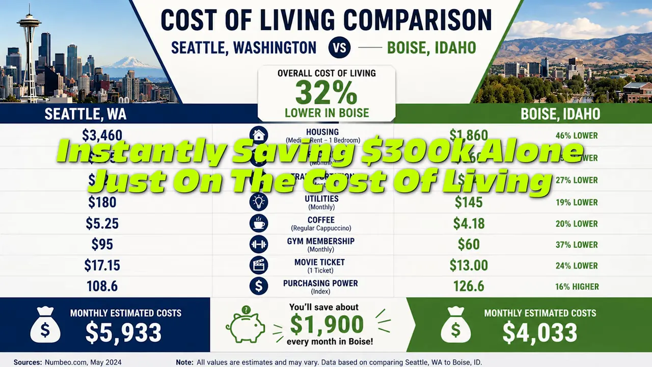 Infographic comparing the cost of living in Seattle, Washington versus Boise, Idaho