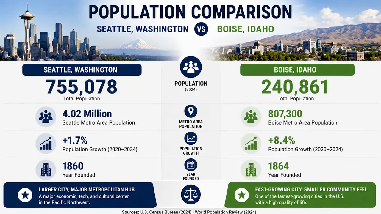 Infographic comparing Seattle Washington versus Boise Idaho population and growth