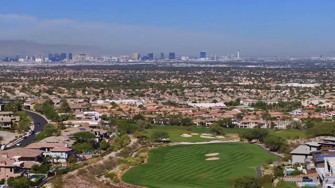 Golf course and homes overlooking the Las Vegas skyline
