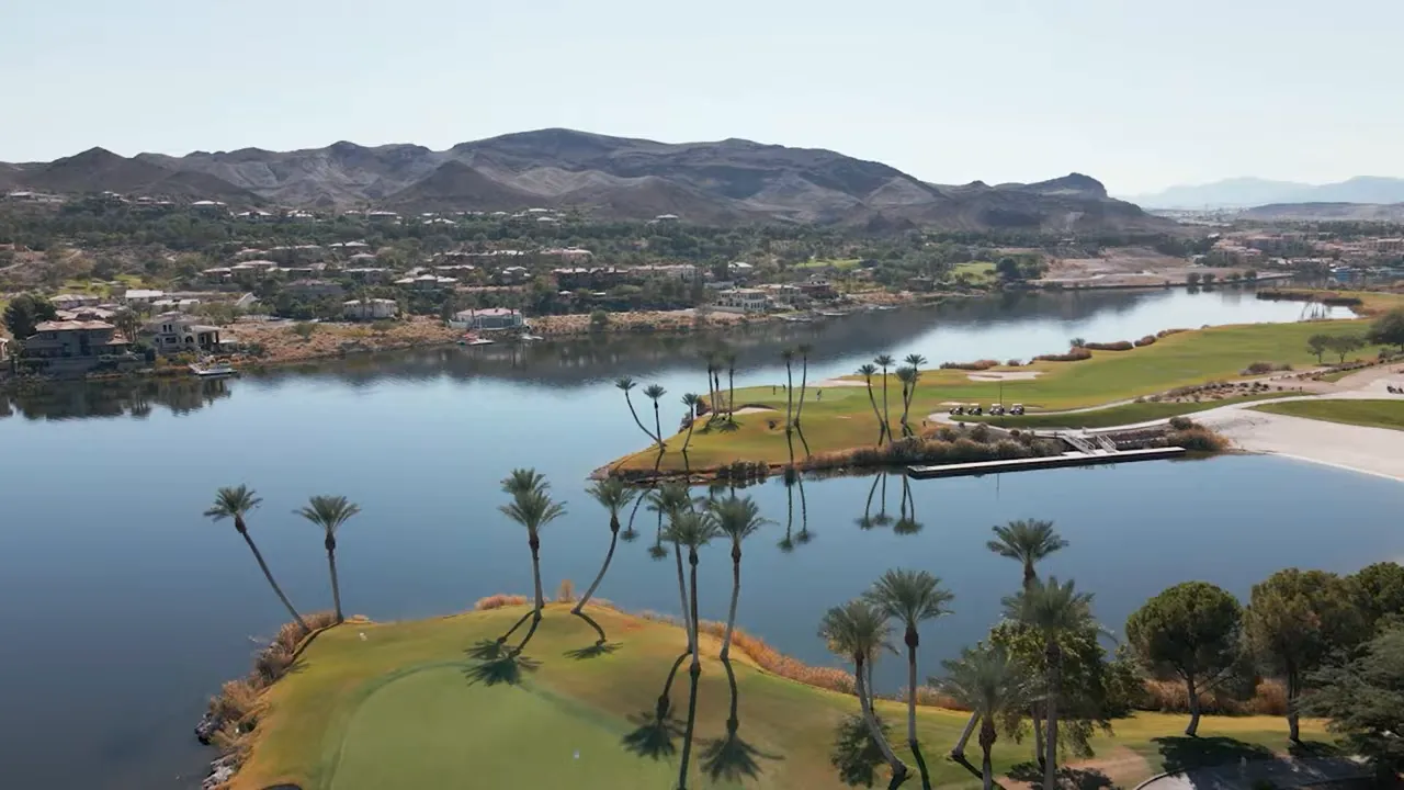 Lake Las Vegas marina with boats and Mediterranean-style buildings
