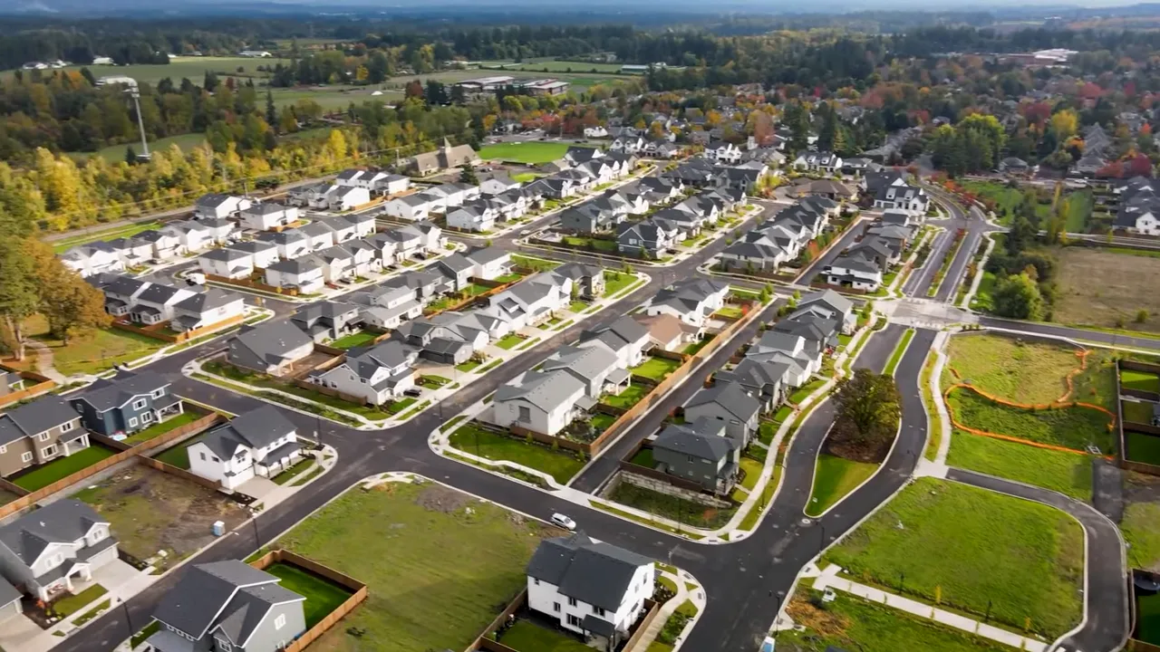 Aerial view of new homes and construction at Frog Pond