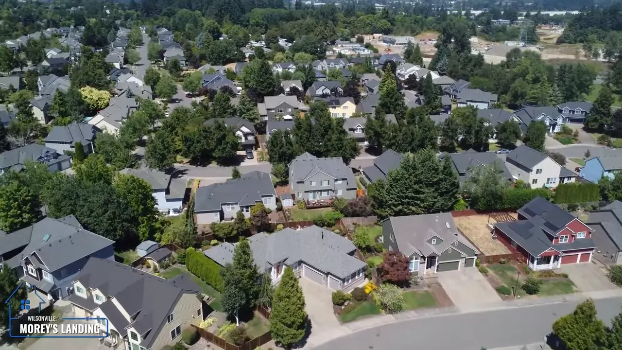 Aerial view of established Wilsonville neighborhood with mature trees