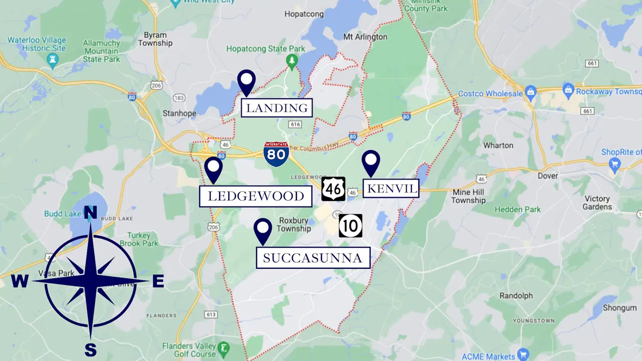 Map showing the Roxbury, New Jersey sections of Succasunna, Ledgewood, Landing, and Kenvil