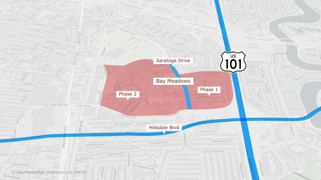 Map showing Bay Meadows with nearby Highway 101 and Hillsdale Boulevard context, including Phase 1 and Phase 2