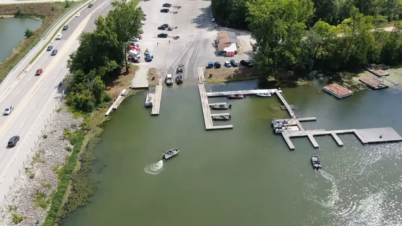 Aerial view of creek docks and access near Flat Fork Creek Park