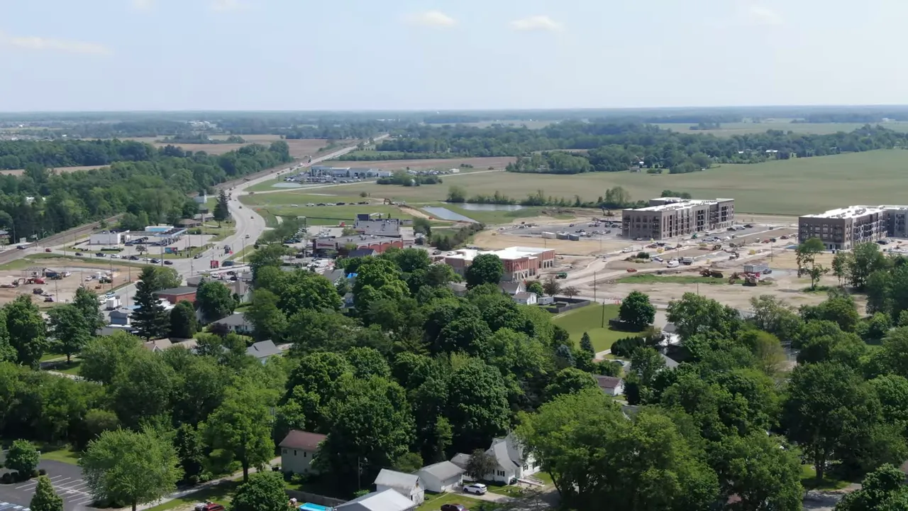 Aerial view of McCord Square road access and surrounding area in McCordsville, Indiana