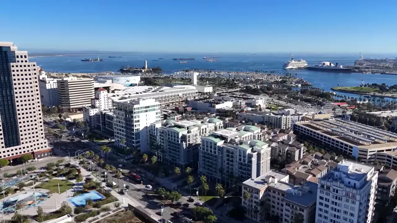 Aerial view of downtown Long Beach residential buildings and waterfront