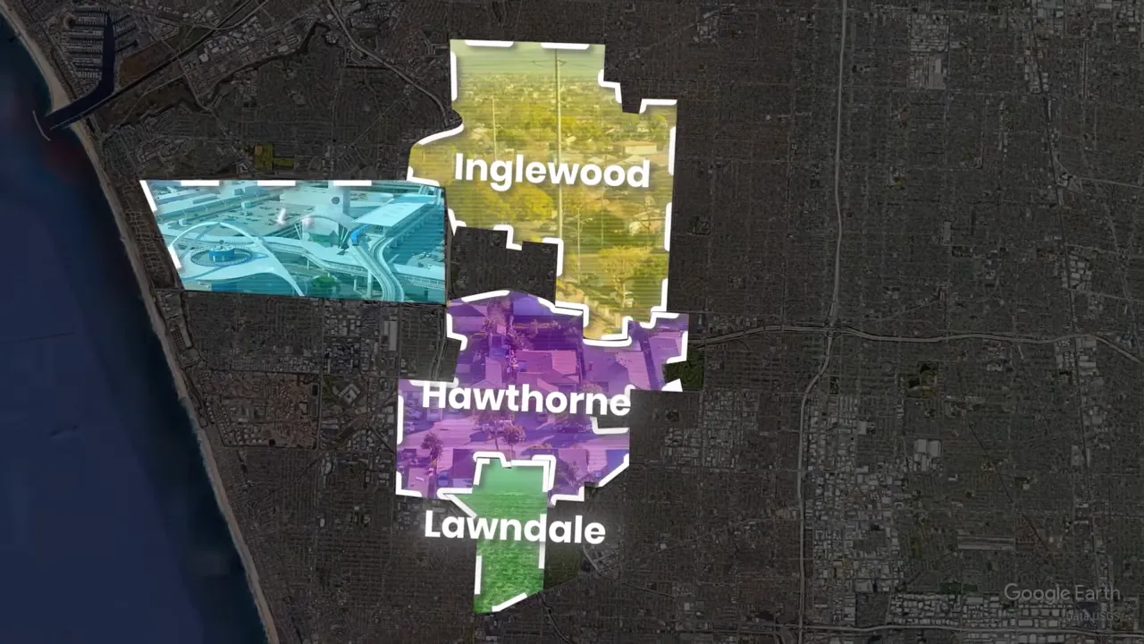 Map showing LAX Airport next to Inglewood Hawthorne and Lawndale