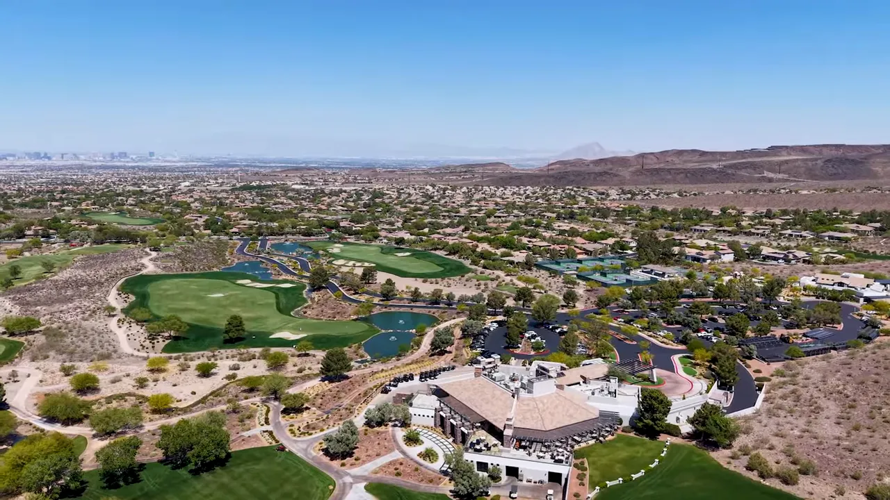 Aerial view of the clubhouse and golf course with thirty three thousand square feet text