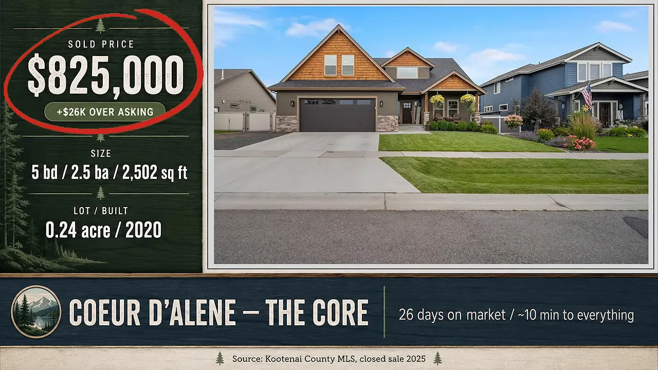 Coeur dAlene home sale card showing 825000 sale price five bedrooms and 26 days on market