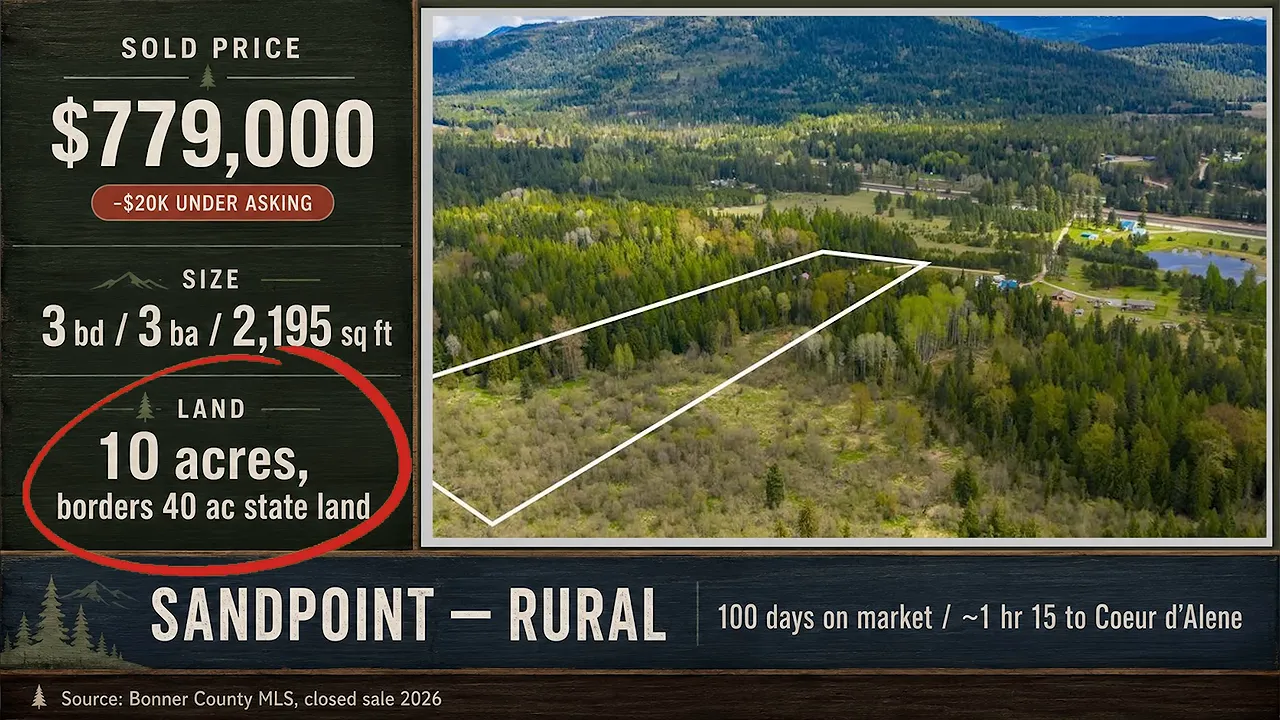 Sandpoint rural property sale card showing 779000 sale price ten acres bordering state land