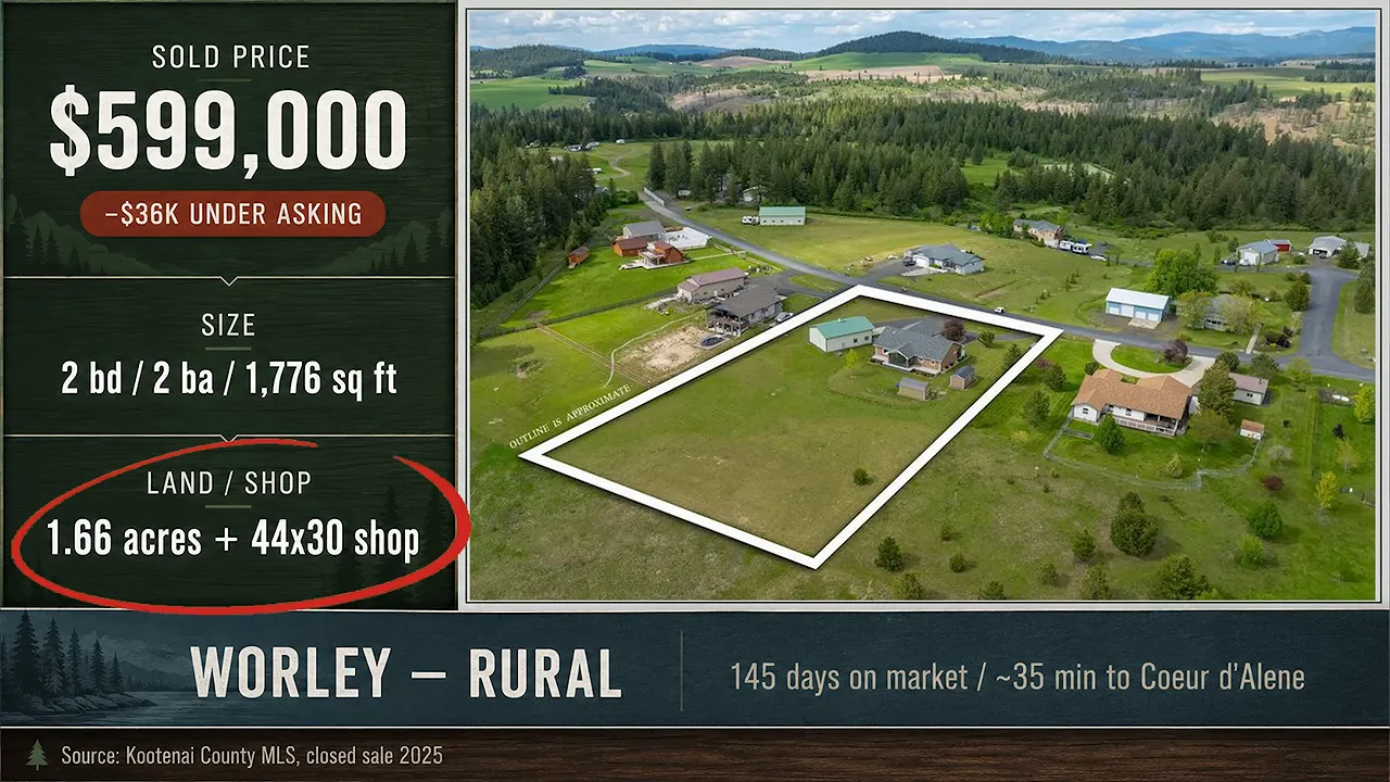 Worley rural property sale card showing 599000 price 1.66 acres and heated shop
