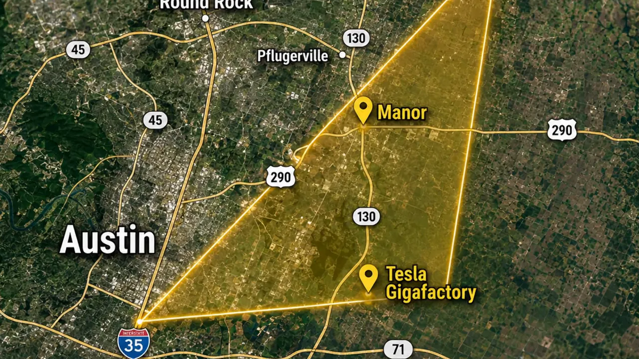 Map showing a highlighted triangle between Austin Manor and Taylor
