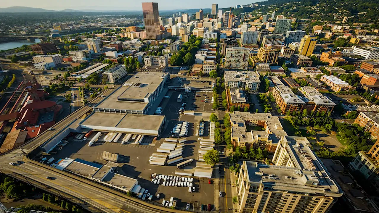 aerial view of the Broadway Corridor redevelopment area near downtown Portland